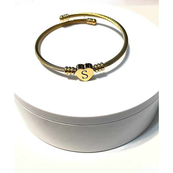 Gold Plated Heart Initial S Expandable Stainless Steel Cuff Bracelet - Picture 2 of 4
